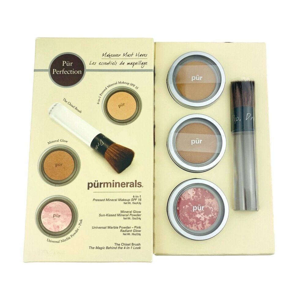 Pur Minerals Makeup Pressed Powder Mineral Glow Marble Pink Chisel Brush Tan NEW